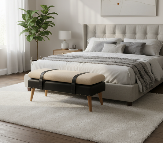 Παγκάκι Εισόδου Κρεβατοκάμαρας Μπουκλέ Κάθισμα Μασίφ Ξύλο και Δέρμα IN3895