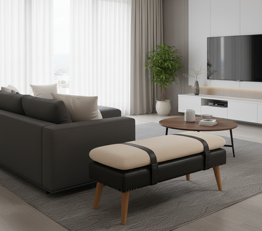 Παγκάκι Εισόδου Κρεβατοκάμαρας Μπουκλέ Κάθισμα Μασίφ Ξύλο και Δέρμα IN3895