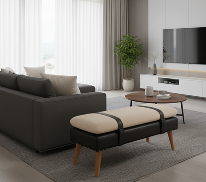 Παγκάκι Εισόδου Κρεβατοκάμαρας Μπουκλέ Κάθισμα Μασίφ Ξύλο και Δέρμα IN3895