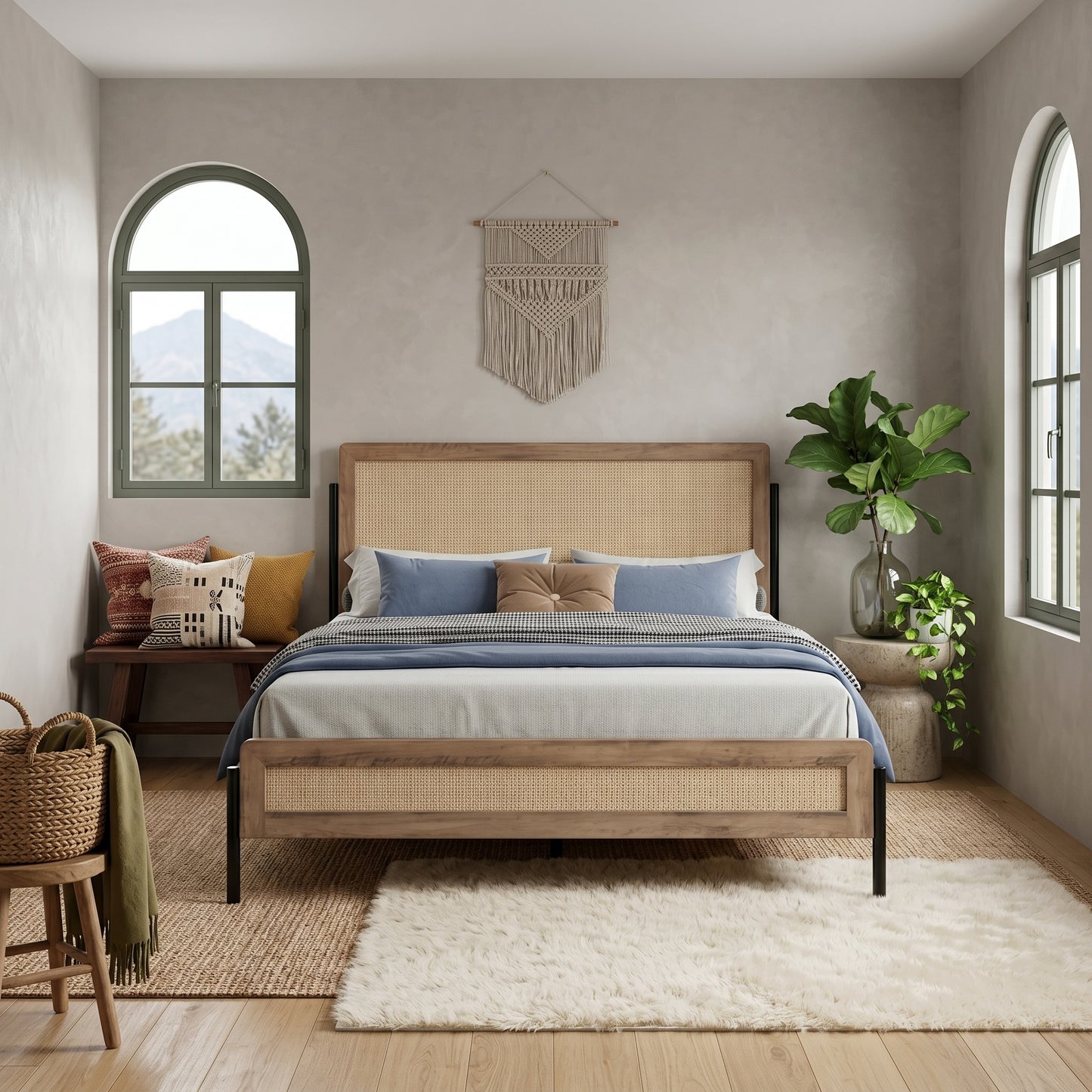 Ρουστίκ Κρεβάτι με Στρώμα 160x200 με Rattan & Μεταλλικά Πόδια – Περιλαμβάνεται Βάση Στήριξης POS-162911319