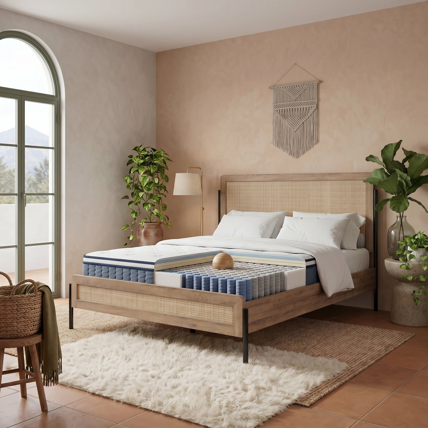 Ρουστίκ Κρεβάτι με Στρώμα 160x200 με Rattan & Μεταλλικά Πόδια – Περιλαμβάνεται Βάση Στήριξης POS-162911319