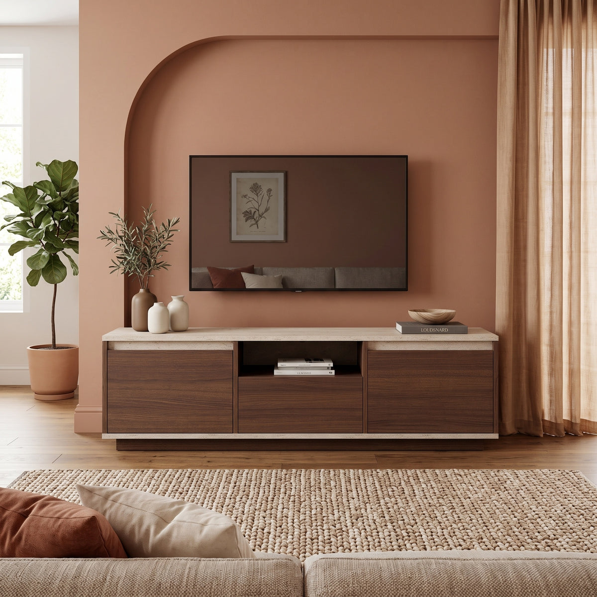 Έπιπλο Τηλεόρασης Βάση TV 160x30x42 εκ Καρυδί με Μπεζ Τραβερτίνη 241NRD1415