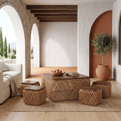 Σετ Χαμηλό Τραπεζάκι Σαλονιού Boho με 4 Σκαμπώ Ξύλο Σκούρο Καφέ & Αδιάβροχο Σχοινί και για Μπαλκόνι 90169