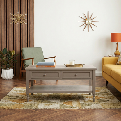 Κομψό Ξύλινο Τραπεζάκι Σαλονιού με Δύο Συρτάρια σε Γκρί 100x60x50εκ 9603