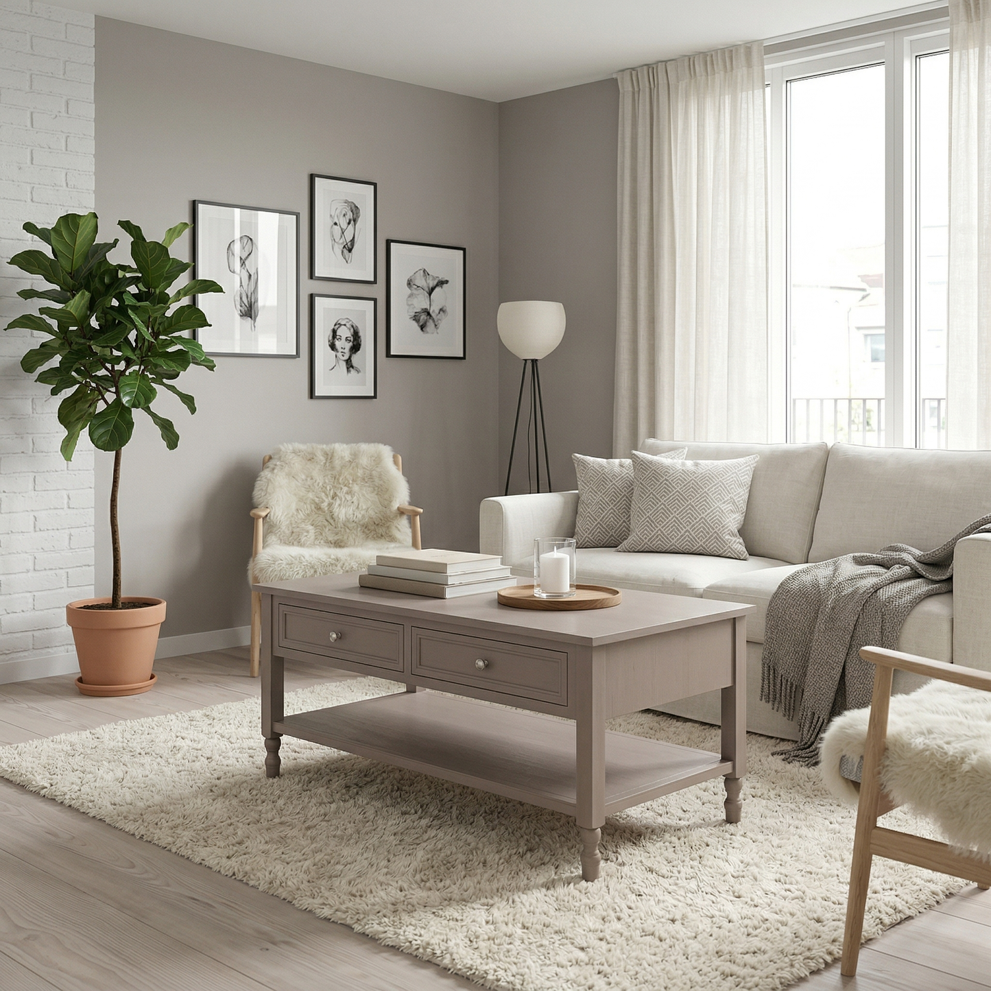 Κομψό Ξύλινο Τραπεζάκι Σαλονιού με Δύο Συρτάρια σε Γκρί 100x60x50εκ 9603