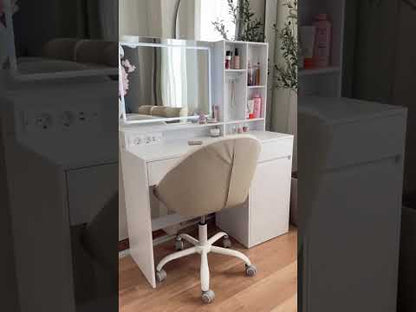 Τραπέζι Μπουντουάρ Μακιγιάζ Tουαλέτας Κρεβατοκάμαρας 110εκ Καθρέφτης Με Ντουλάπι με Φωτισμό LED Ρυθμιζόμενο με Πρίζα και USB Θύρες RD-T634W01