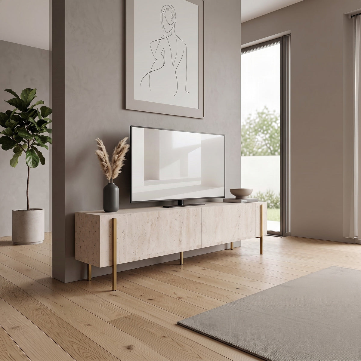 Έπιπλο Τηλεόρασης TV Βάση Σύνθεση 180x45x30 εκ Travertine Χρυσό | 993NRD1108
