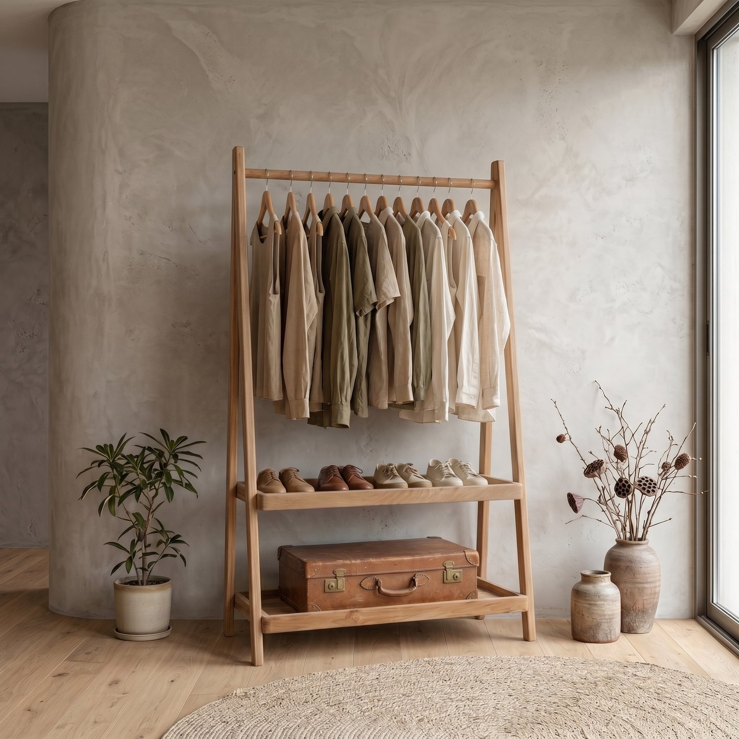 Κρεμάστρα Ρούχων Ανοιχτή Ντουλάπα Σταντ Ρούχων Ράφι Κρεβατοκάμαρας Μασίφ Ξύλο OG-AH352