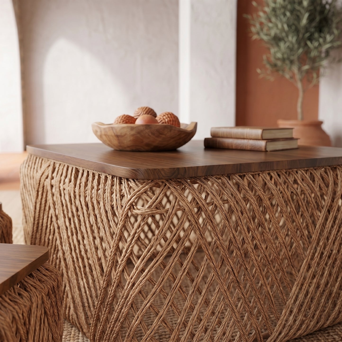 Σετ Χαμηλό Τραπεζάκι Σαλονιού Boho με 4 Σκαμπώ Ξύλο Σκούρο Καφέ & Αδιάβροχο Σχοινί και για Μπαλκόνι 90169
