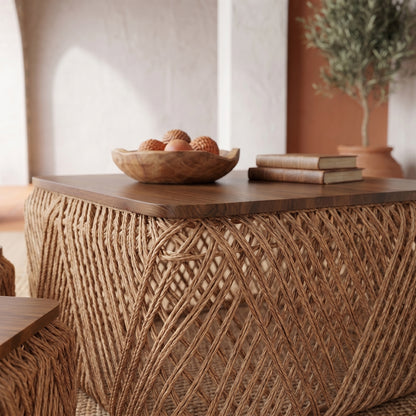 Σετ Χαμηλό Τραπεζάκι Σαλονιού Boho με 4 Σκαμπώ Ξύλο Σκούρο Καφέ & Αδιάβροχο Σχοινί και για Μπαλκόνι 90169