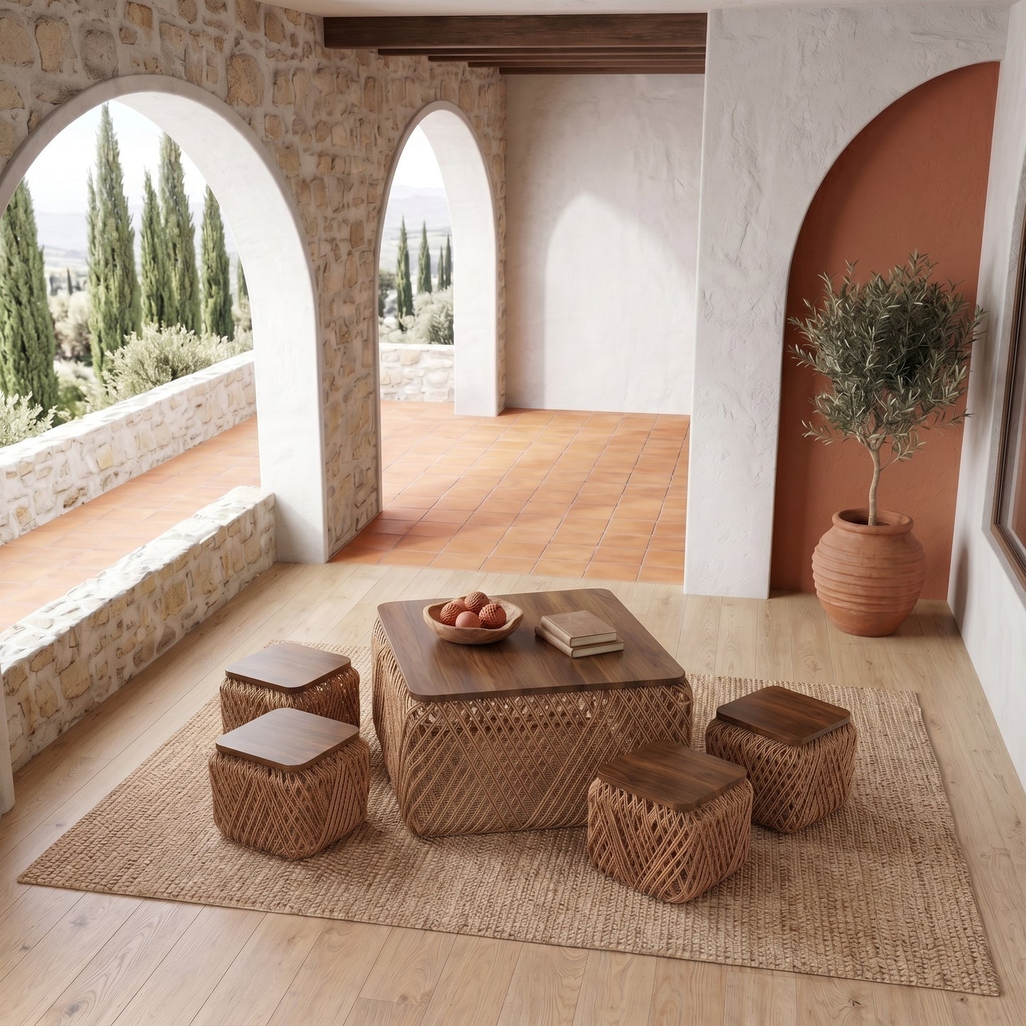 Σετ Χαμηλό Τραπεζάκι Σαλονιού Boho με 4 Σκαμπώ Ξύλο Σκούρο Καφέ & Αδιάβροχο Σχοινί και για Μπαλκόνι 90169