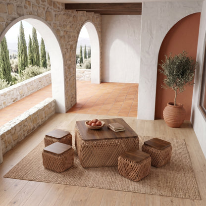Σετ Χαμηλό Τραπεζάκι Σαλονιού Boho με 4 Σκαμπώ Ξύλο Σκούρο Καφέ & Αδιάβροχο Σχοινί και για Μπαλκόνι 90169