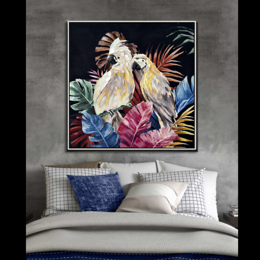 PAINT 82X82 CM WHITE PARROTS ON PLANTS OIL PAINTING ON PRINTED CANVAS WITH FRAMED 76488