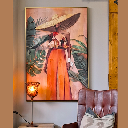 Ölgemälde auf bedruckter Leinwand mit Rahmen, 82 x 122 cm, Frau mit Hut, 76484