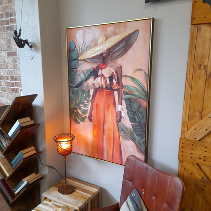 Ölgemälde auf bedruckter Leinwand mit Rahmen, 82 x 122 cm, Frau mit Hut, 76484