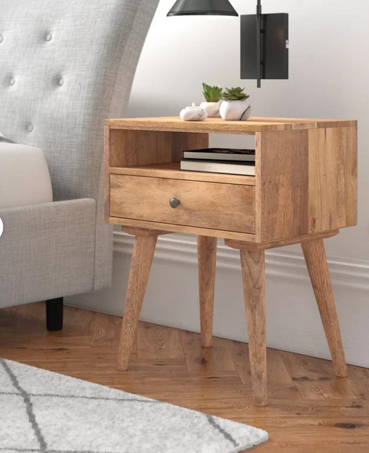 Side Table with Drawer Bedside Table Rustic Solid Wood Oak Scandinavian Style IN143