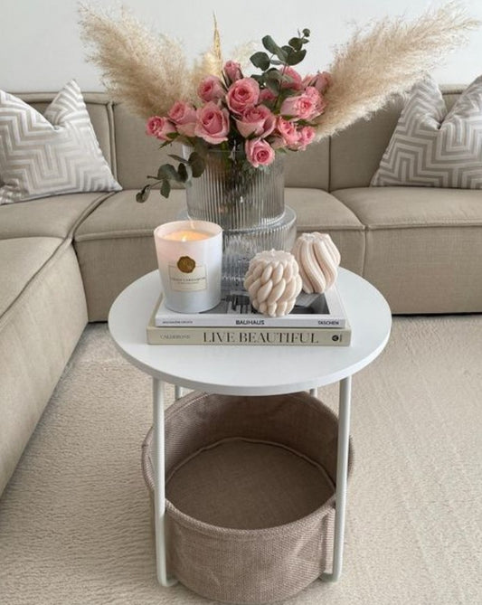 Round Side Coffee Table White with fabric basket LE-T223W10