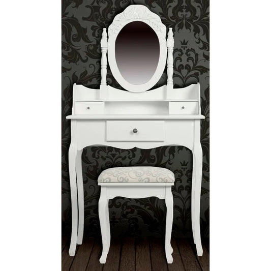 Λευκό Μπουντουάρ Με Συρτάρια Μπουντουάρ με στρογγυλό καθρέφτη και σκαμπό Τραπέζι Τουαλέτα λευκό 160558