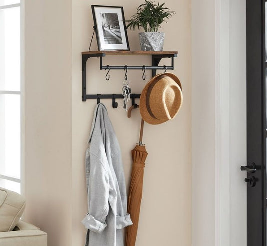 Wall Hanging Shelf with Clothes Hooks for Hallway Bedroom Vintage Brown LC-R103B01