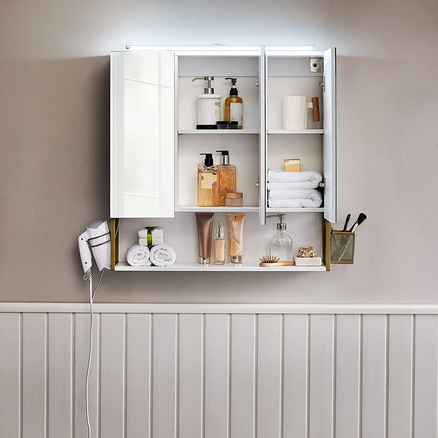Bathroom Mirror Cabinet with Lighting Bathroom Wall Cabinet Modern White Gold BB-K124A10