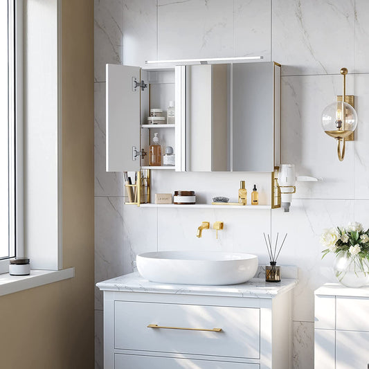 Badezimmer-Spiegelschrank mit Beleuchtung, Badezimmer-Wandschrank, modern, Weißgold, BB-K124A10